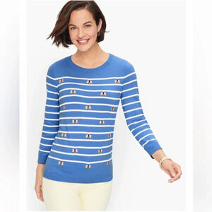Talbots blue and white striped embroidered bee crewneck sweater sz xs